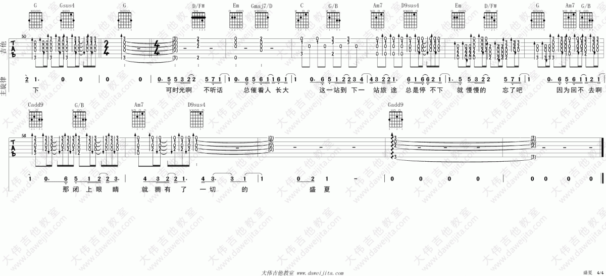 盛夏_G调吉他谱_毛不易