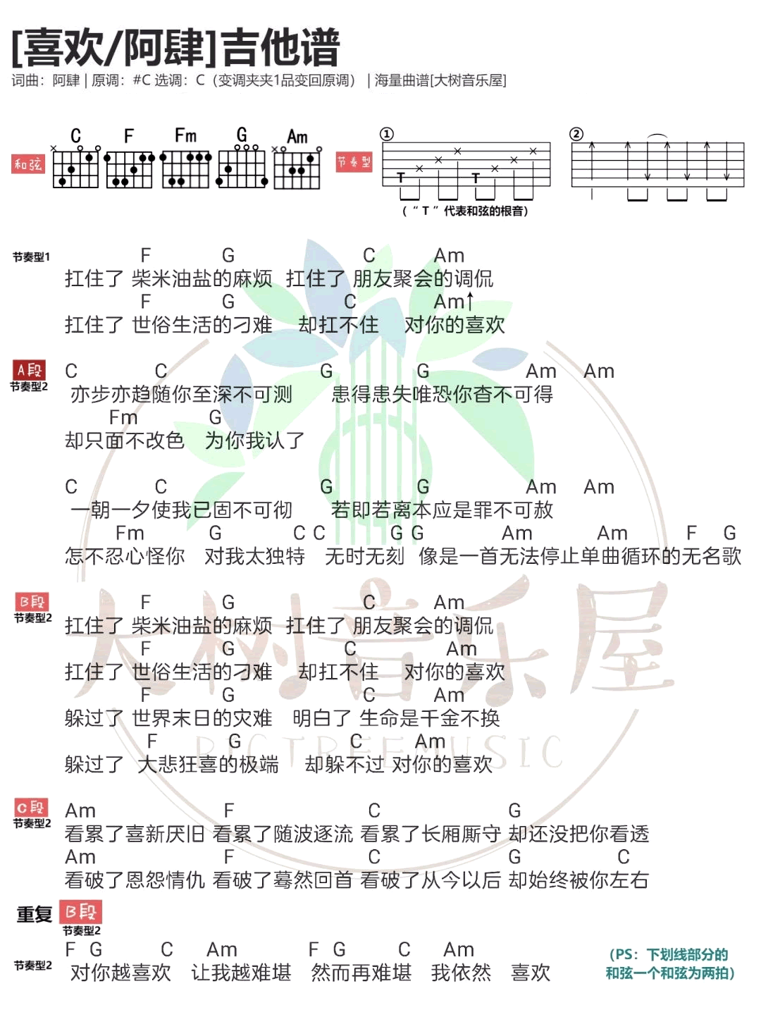阿肆_喜欢_吉他谱_C调_和弦弹唱谱