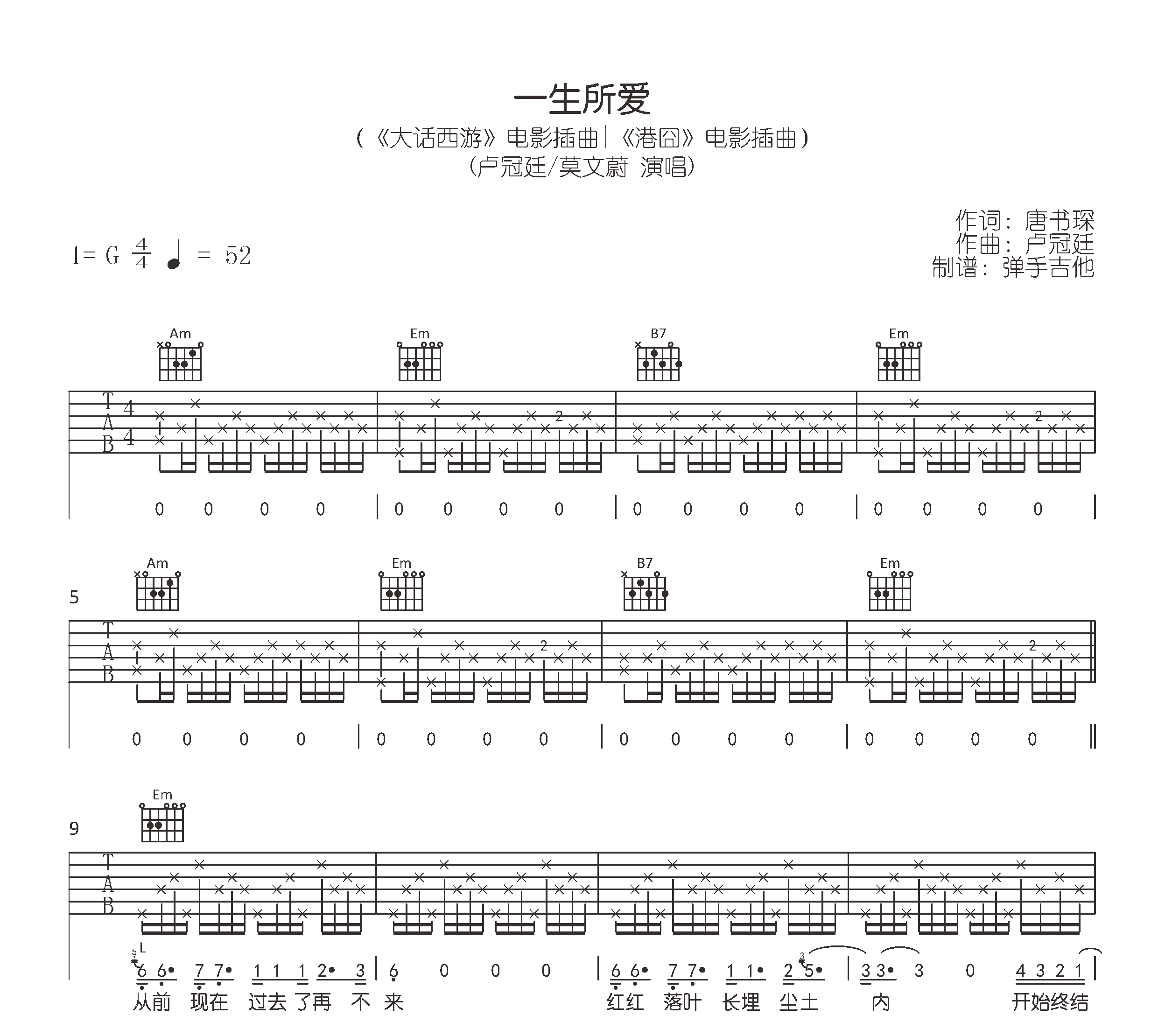 一生所爱吉他谱_卢冠廷/莫文蔚_G调+D调_弹唱六线谱