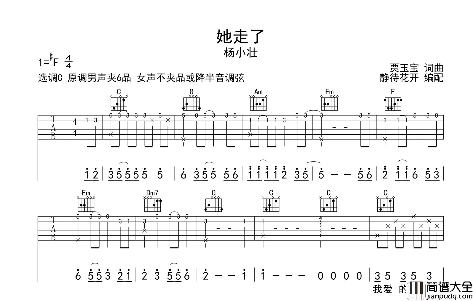 她走了吉他谱_C调原版弹唱吉他谱_杨小壮