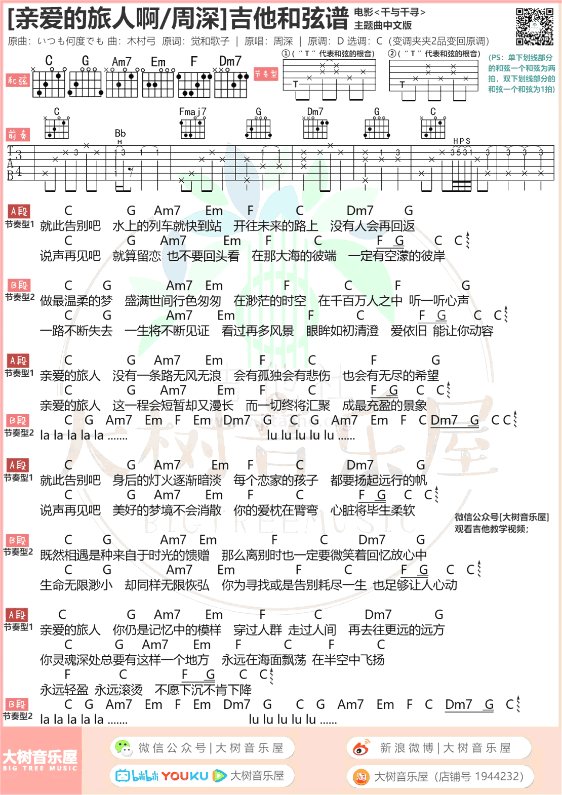 亲爱的旅人啊吉他谱_周深_千与千寻_主题曲_弹唱教学视频