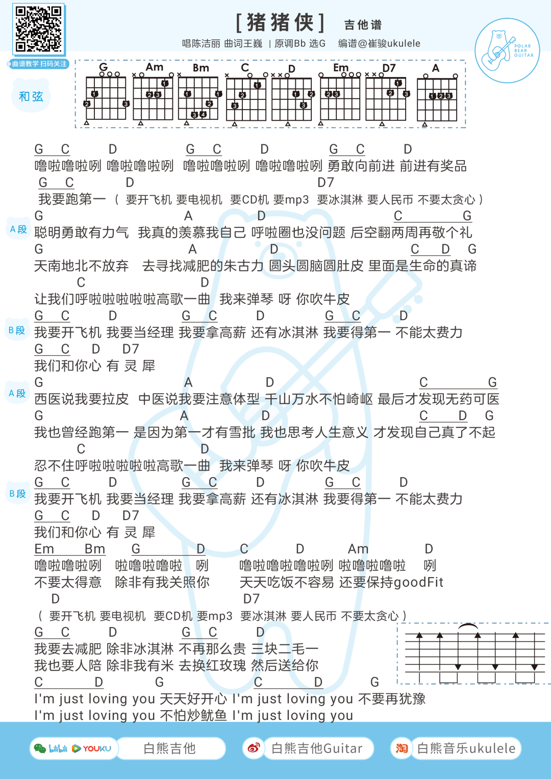 _猪猪侠_吉他谱_陈洁丽/刘大壮_G调弹唱谱