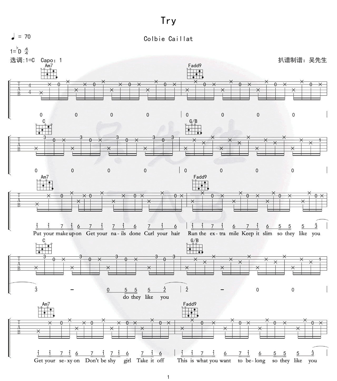 Try吉他谱_Colbie_Caillat__Try_C调原版弹唱谱_高清六线谱