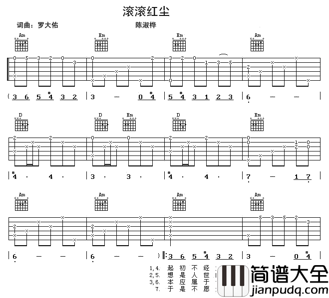 滚滚红尘吉他谱_A调六线谱_简单版_陈淑桦