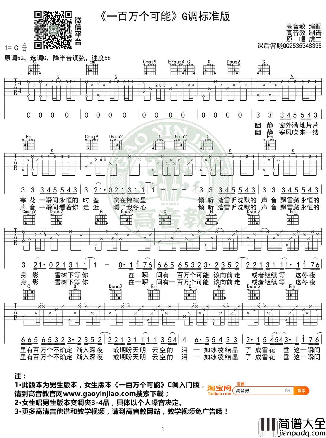 一百万个可能 G调吉他谱 曲肖冰 一百万个可能_G调吉他谱_曲肖冰
