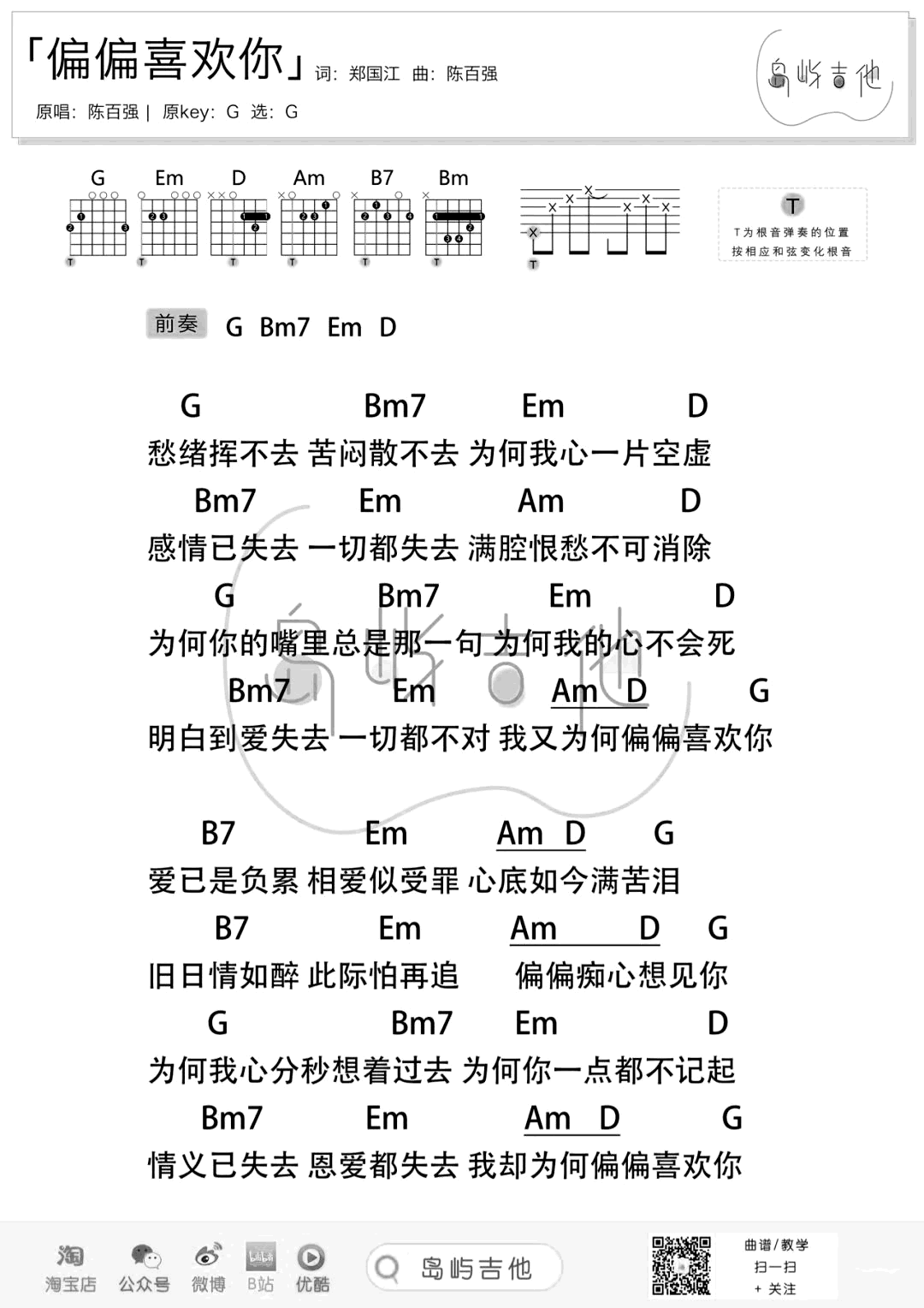 偏偏喜欢你吉他谱_G调_陈百强_弹唱和弦/六线谱