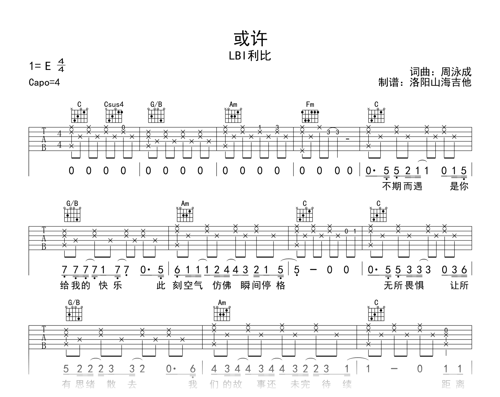 LBI利比_或许_吉他谱_C调指法编配_弹唱六线谱