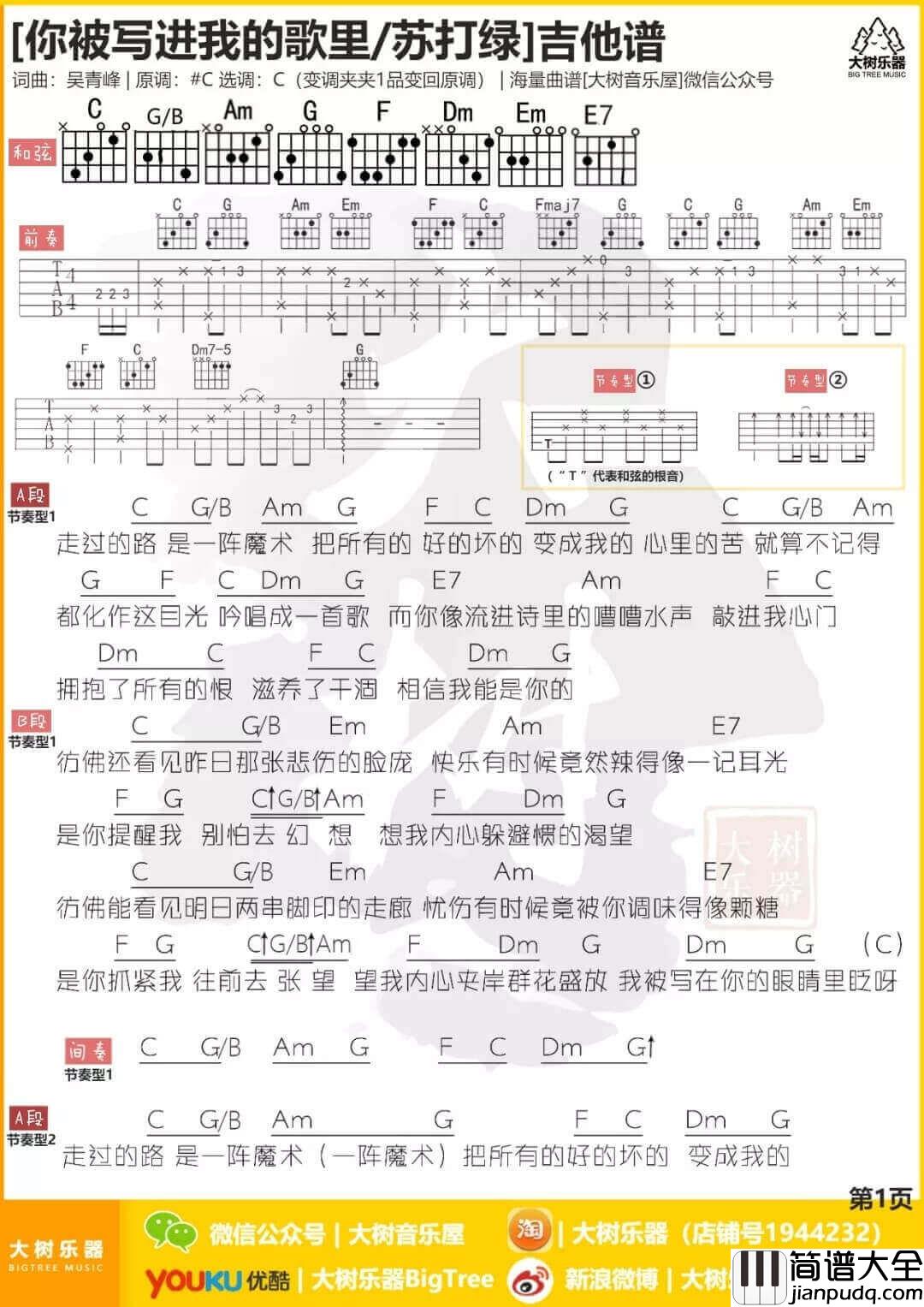 你被写进我的歌里吉他谱_C调_苏打绿