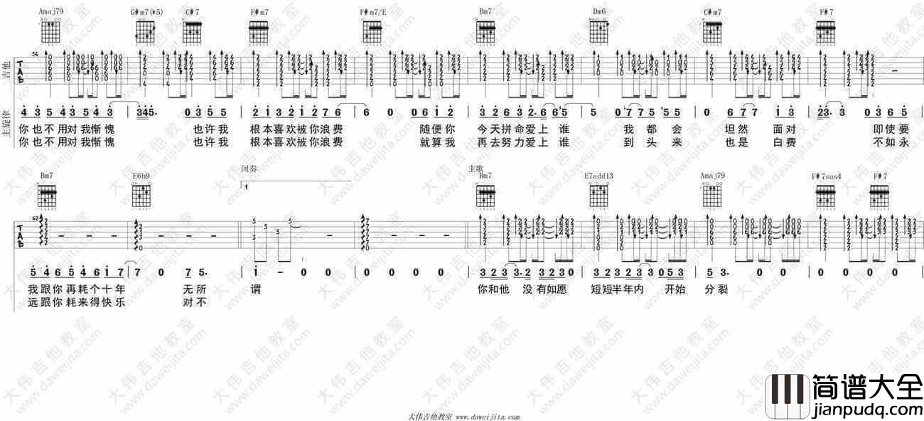 林宥嘉浪费吉他谱、A调六线谱、浪费吉他弹唱教学