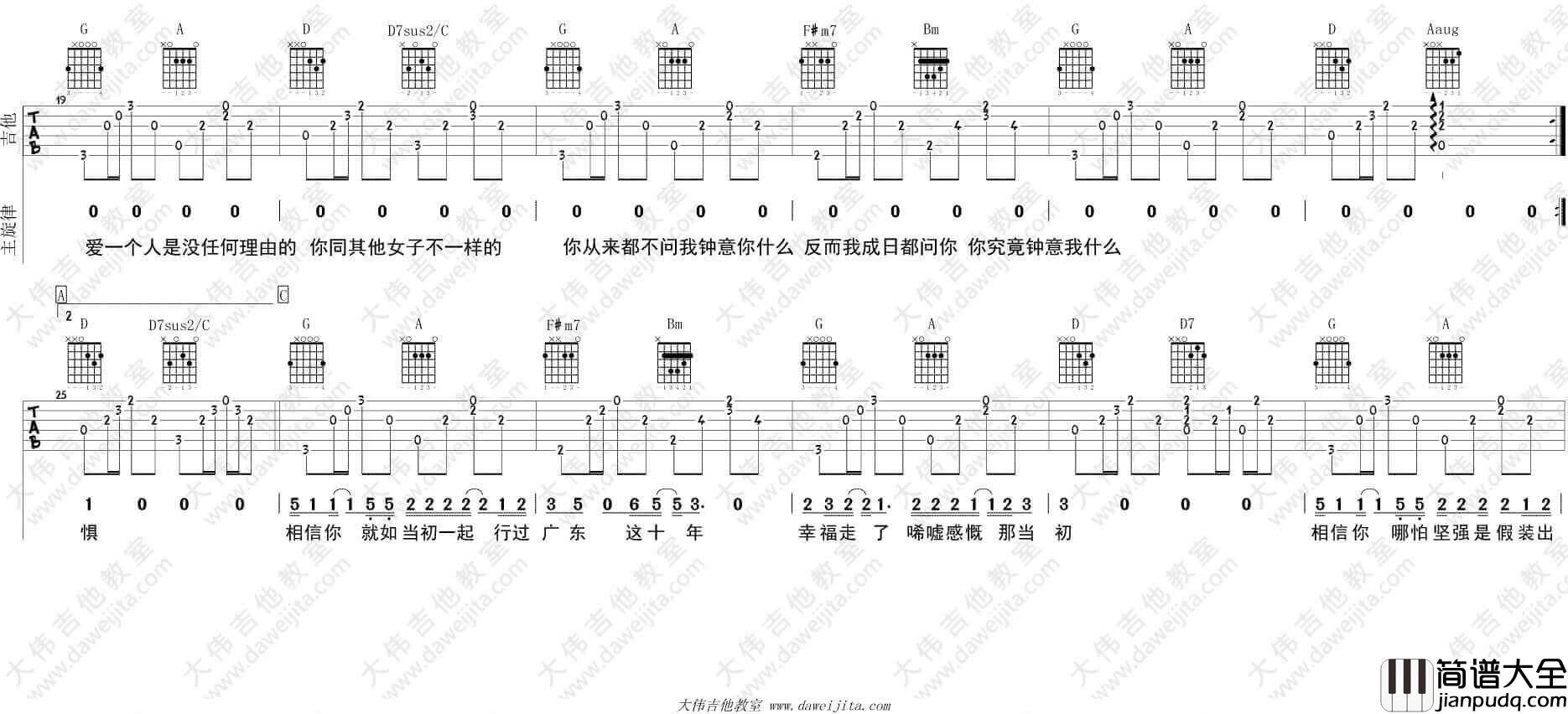 广东爱情故事吉他谱_D调附视频_广东雨神