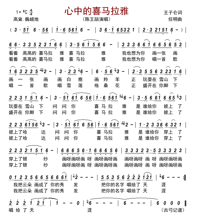 心中的喜马拉雅 C调吉他谱 陈王颉 心中的喜马拉雅_C调吉他谱_陈王颉