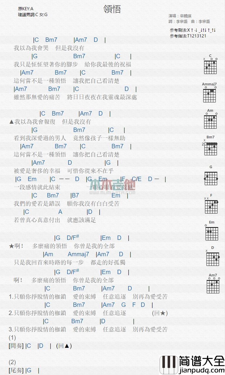 领悟_吉他谱_辛晓琪
