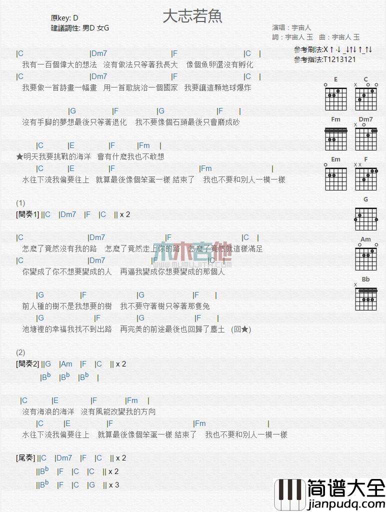 大志若鱼_吉他谱_宇宙人