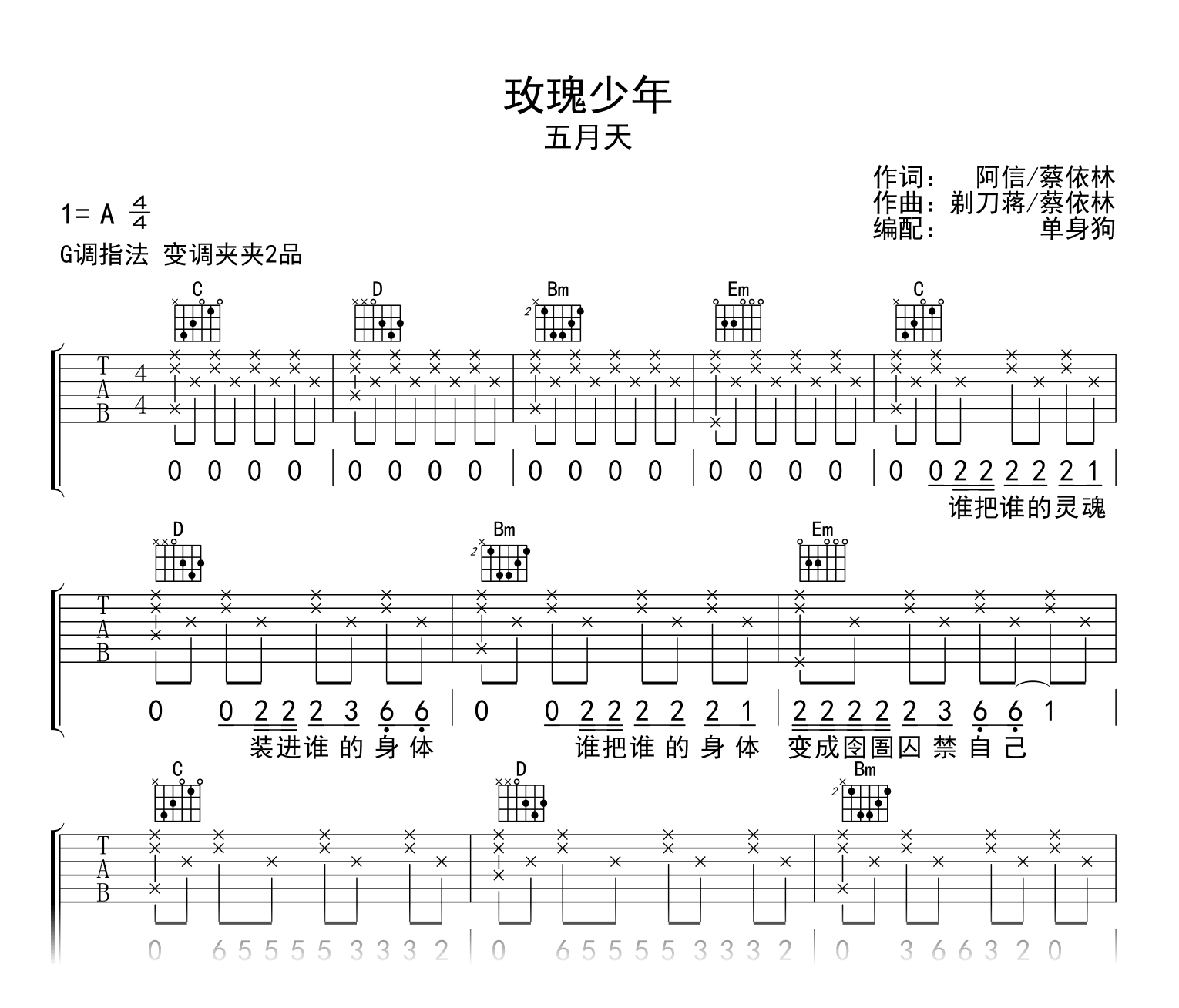 玫瑰少年吉他谱_五月天_G调弹唱六线谱