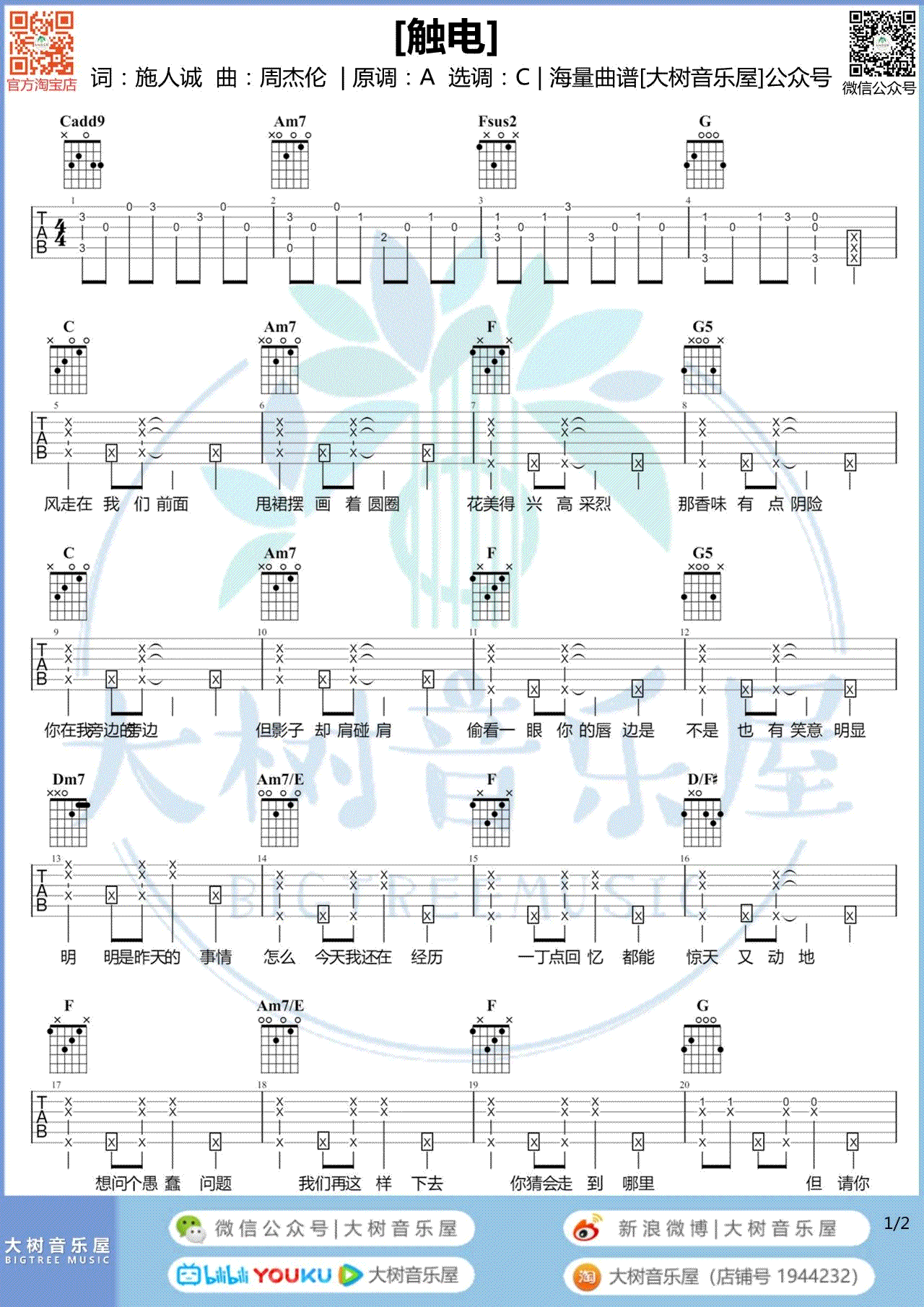 触电吉他谱_C调弹唱谱_S.H.E_触电_吉他教学视频