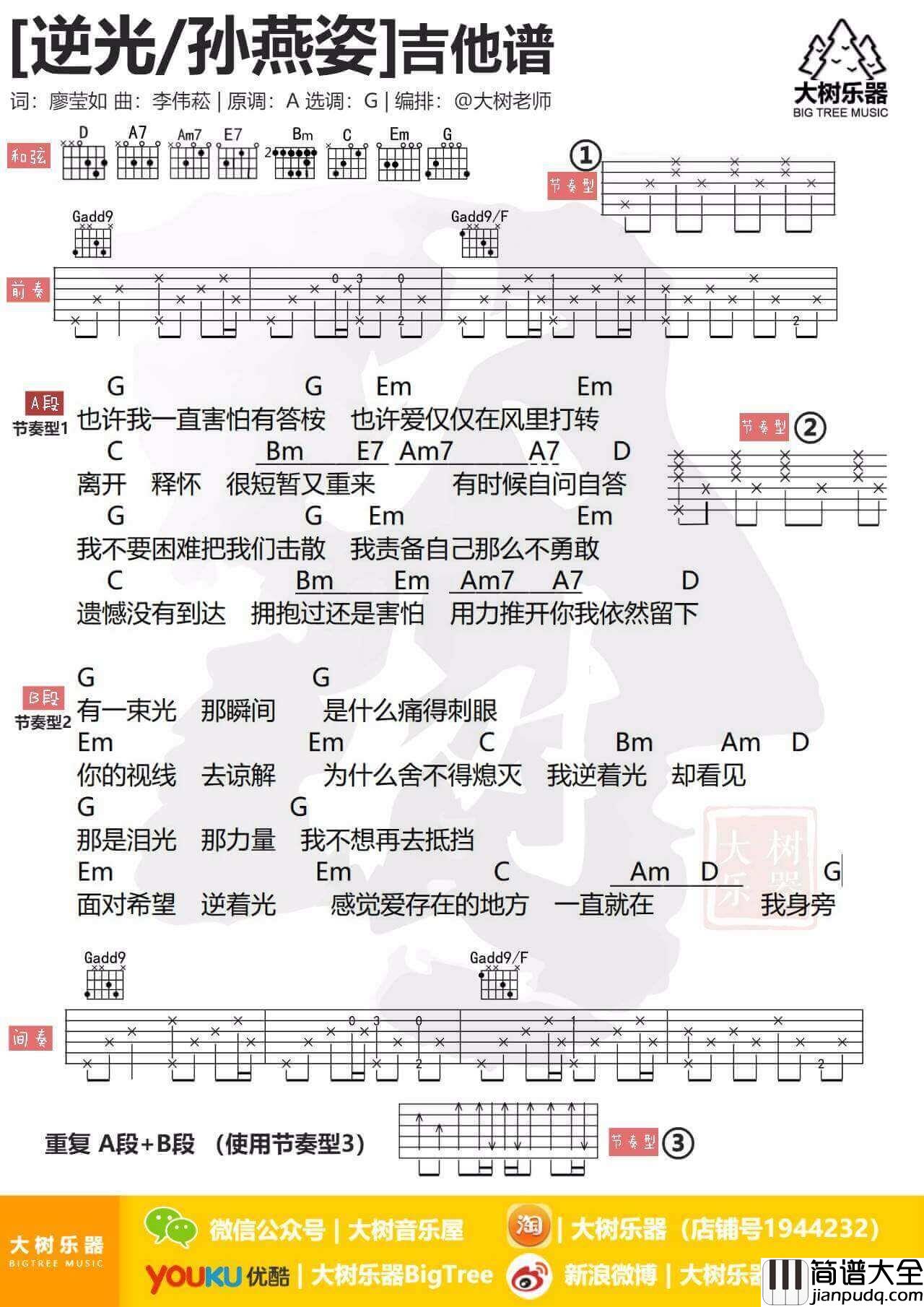 逆光吉他谱_G调和弦谱_孙燕姿