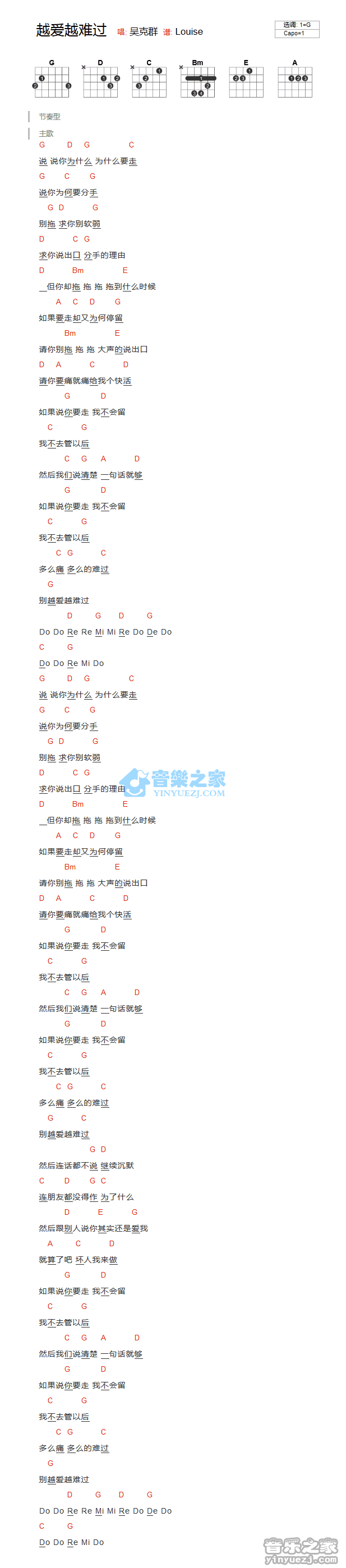 越爱越难过吉他谱_G调和弦谱_吴克羣