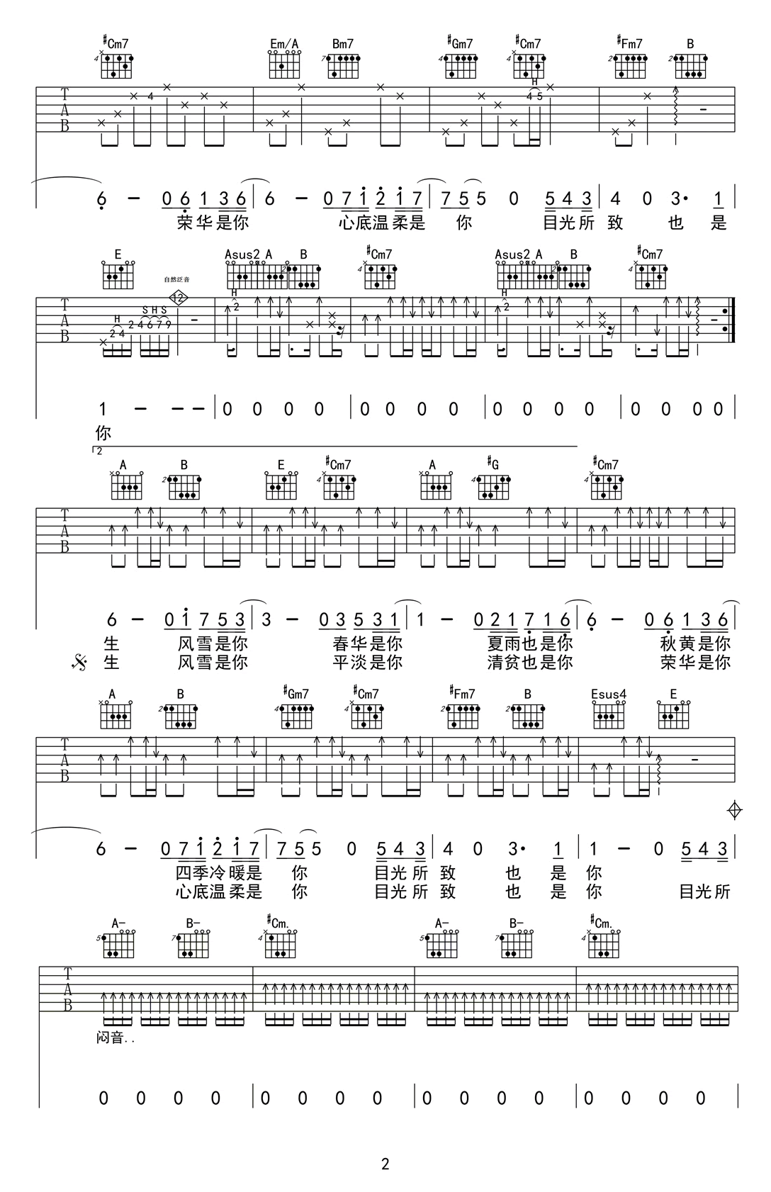 王贰浪_往后余生_吉他谱_E调泛音原版_六线谱