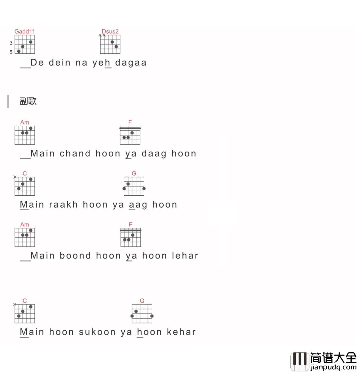Main_Kaun_Hoon吉他谱_Meghna_Mishra_电影_神秘巨星_插曲