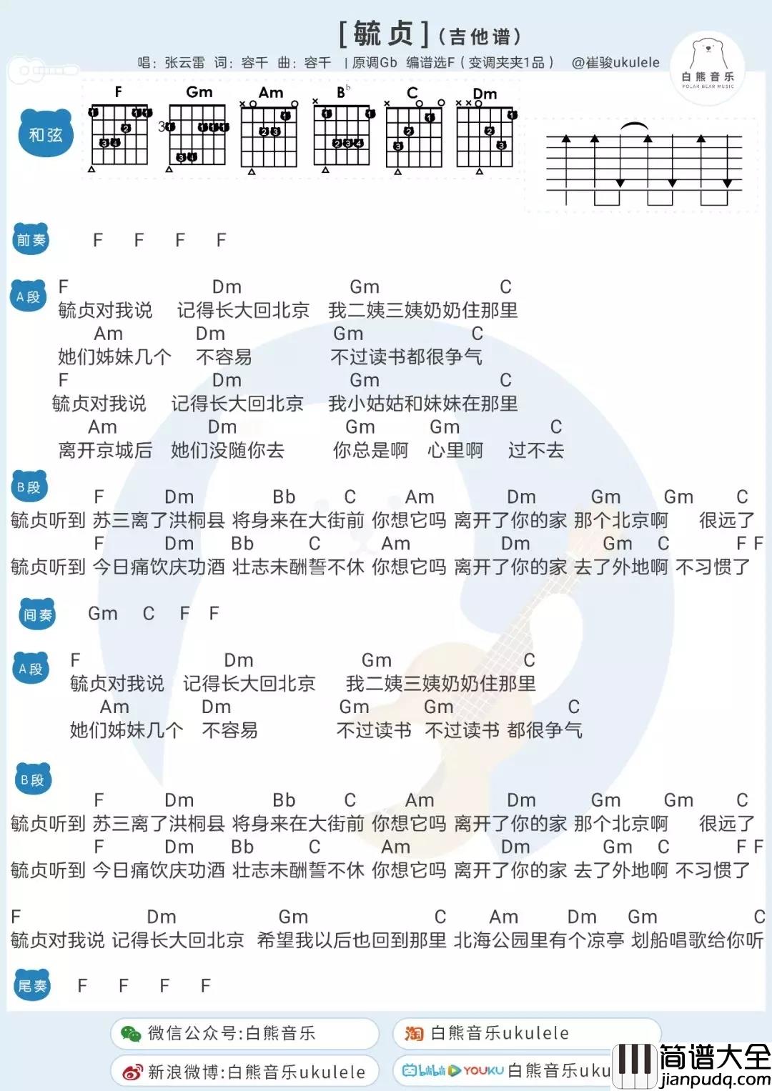 毓贞吉他谱_张云雷_长大了一定要回北京