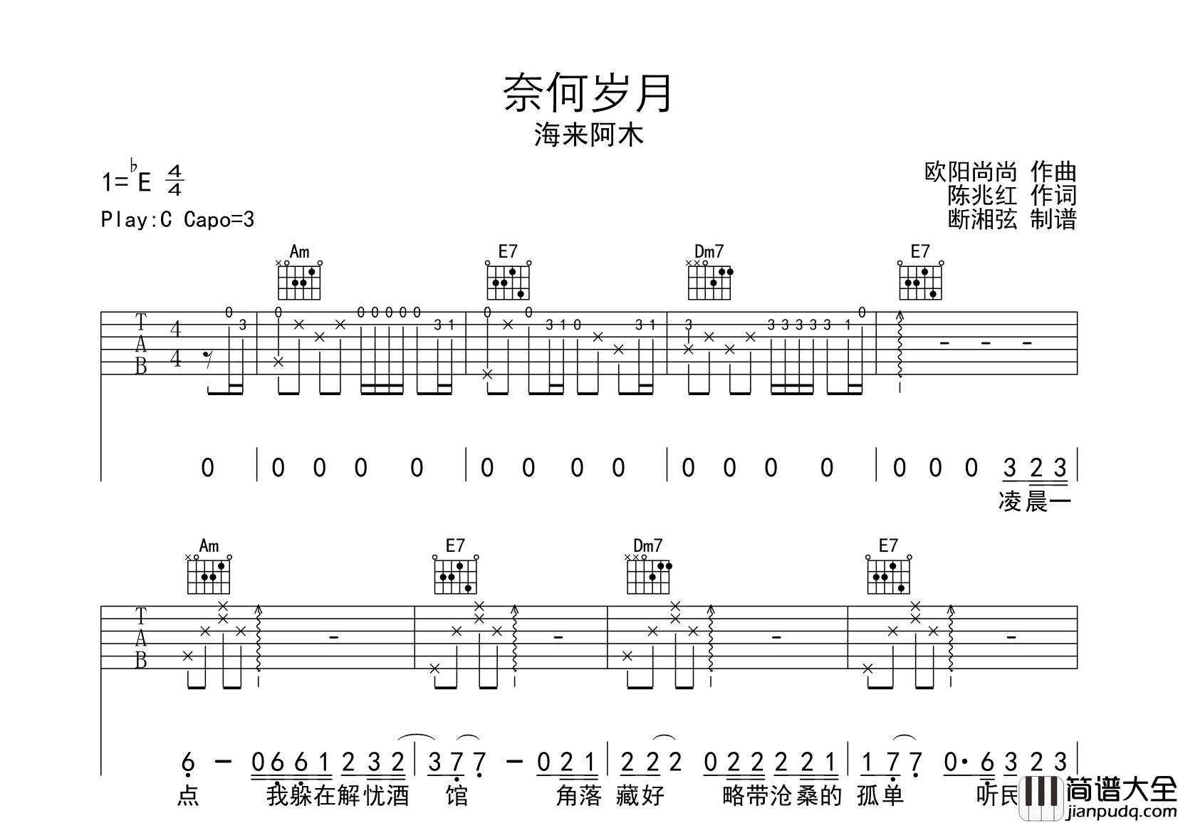 奈何岁月吉他谱_海来阿木_C调原版六线谱_吉他弹唱谱
