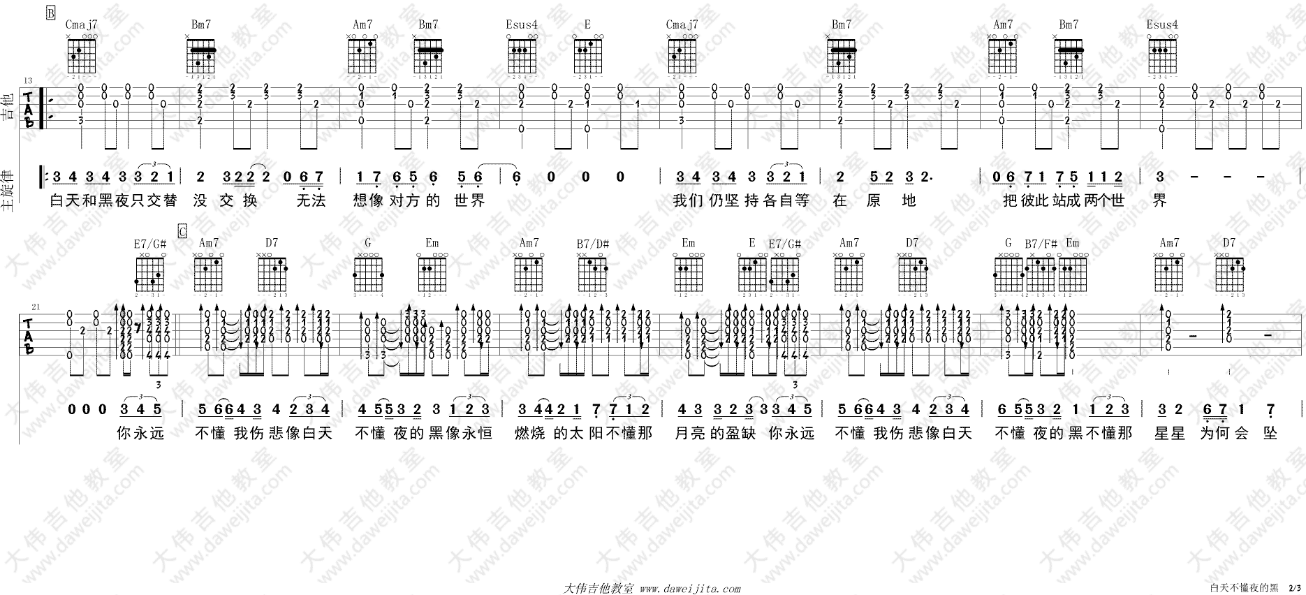 白天不懂夜的黑吉他谱_那英_G调原版六线谱_吉他弹唱演示 白天不懂夜的黑吉他谱_那英_G调原版六线谱_吉他弹唱演示