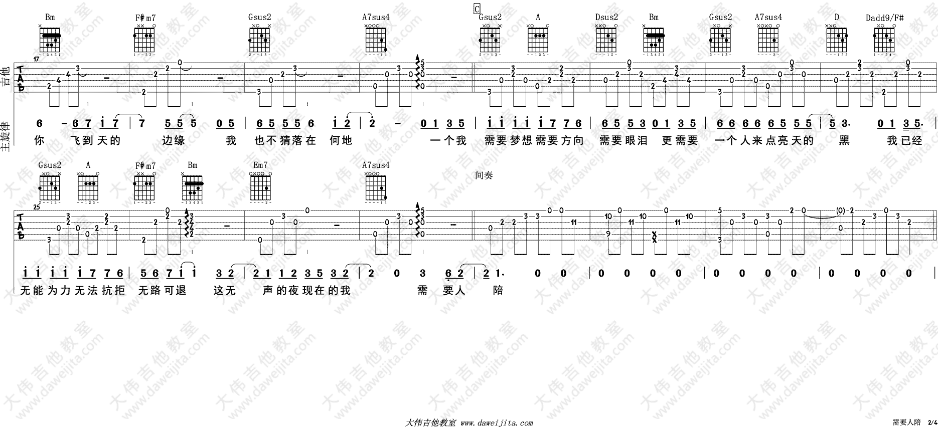 需要人陪吉他谱_F调六线谱_大伟吉他教室编配_王力宏