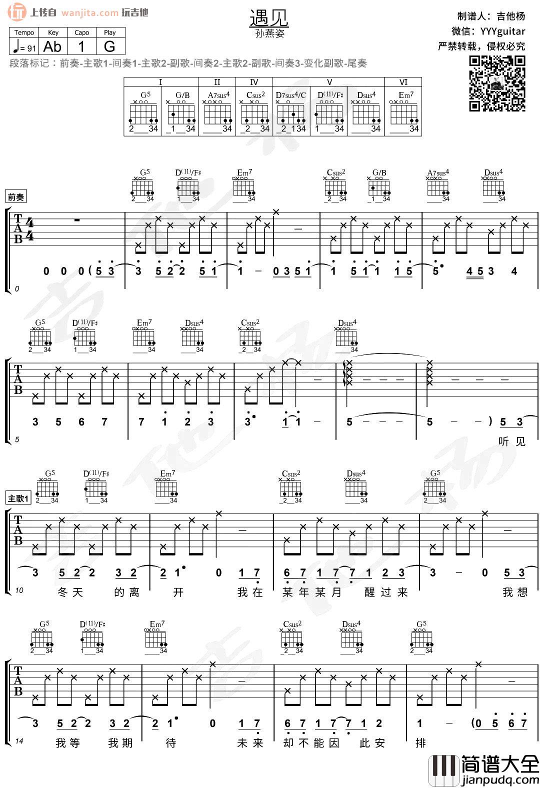 遇见吉他谱_孙燕姿_G调六线谱_《遇见》吉他弹唱演示 遇见吉他谱_孙燕姿_G调六线谱__遇见_吉他弹唱演示