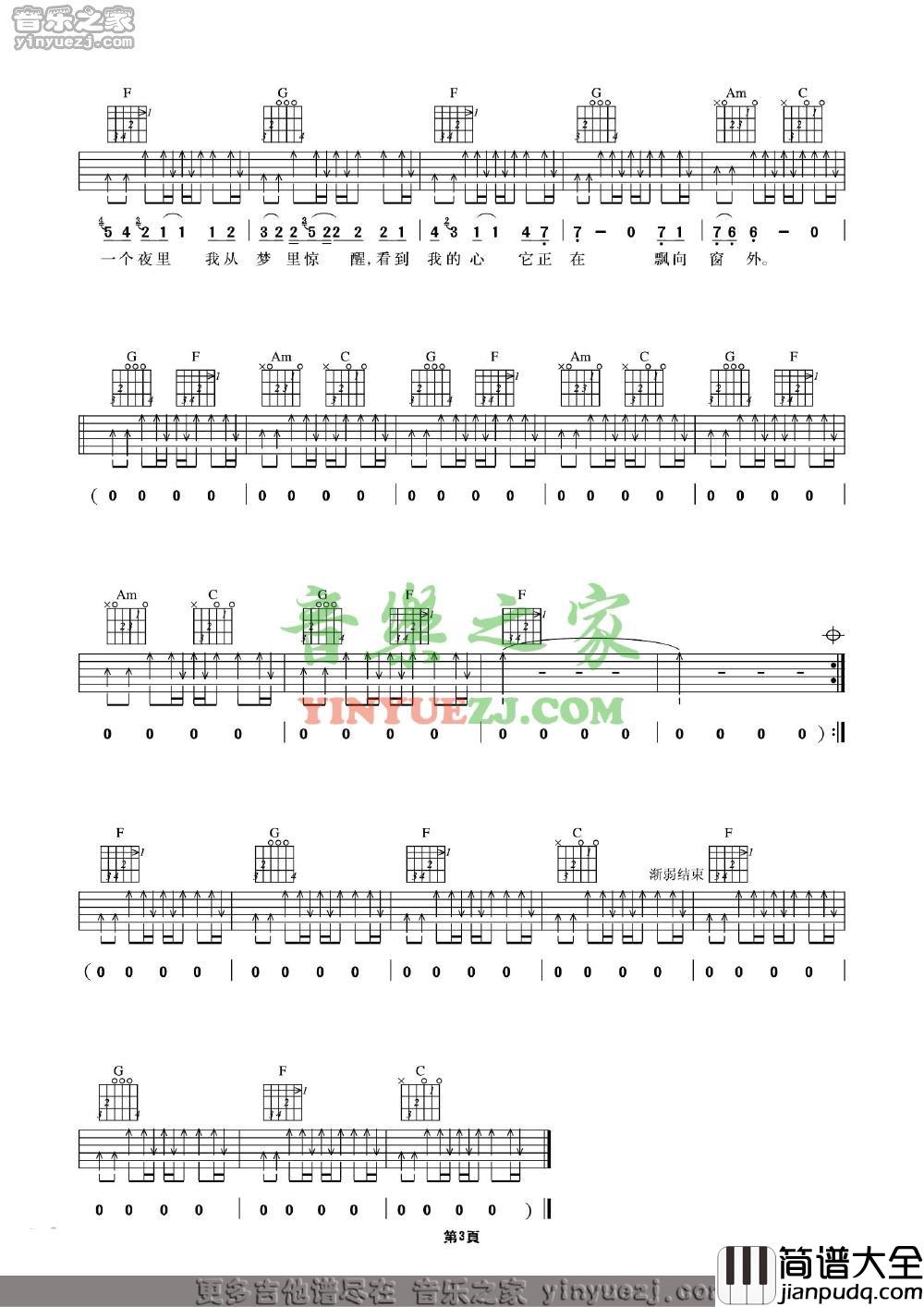 在别处吉他谱_C调附前奏_音乐之家编配_许巍