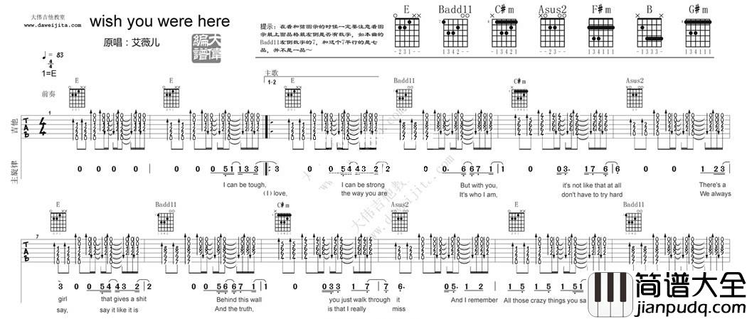 Wish_You_Were_Here吉他谱_E调精选版_大伟吉他教室编配_艾薇儿