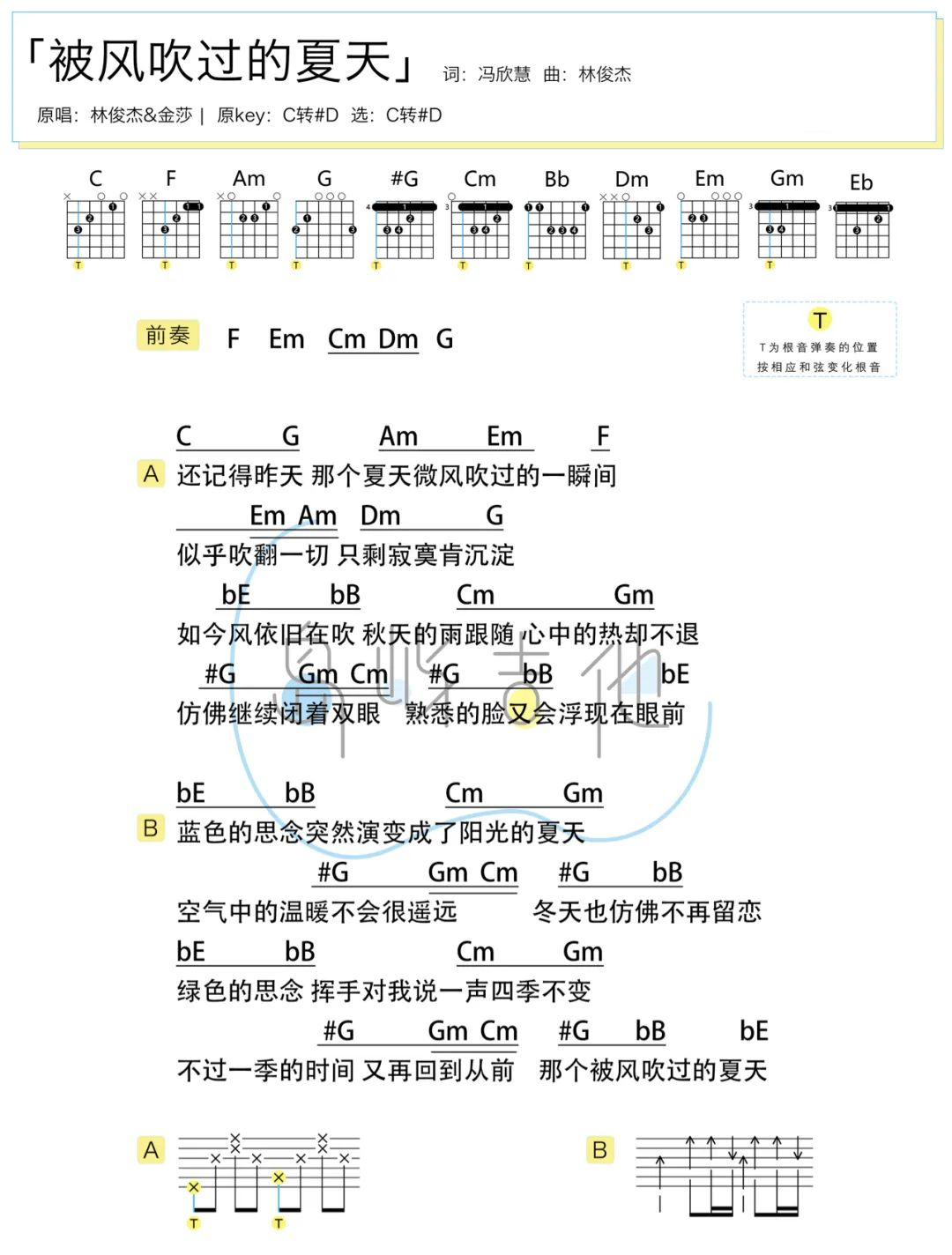 被风吹过的夏天吉他谱_林俊杰/金莎_C转#D简单版_附PDF图片谱