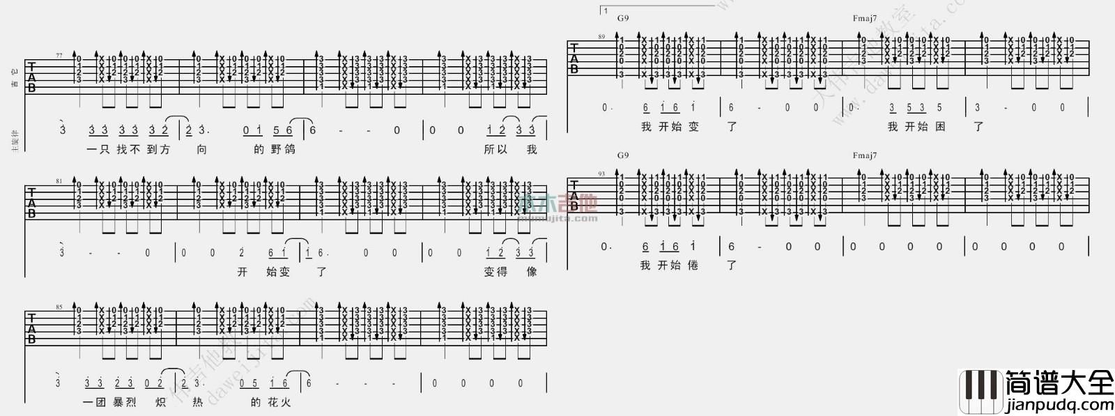 花火吉他谱_汪峰_F调原版六线谱__花火_吉他弹唱谱