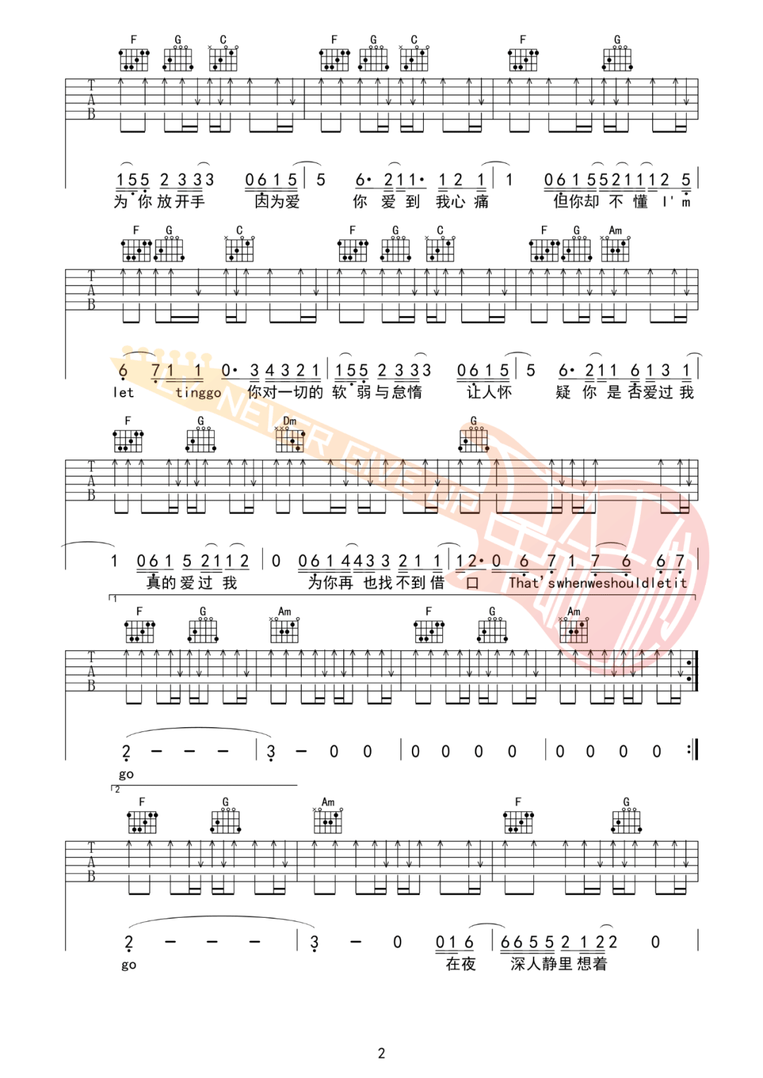 Letting_Go吉他谱_蔡健雅_C调原版六线谱_吉他弹唱教学