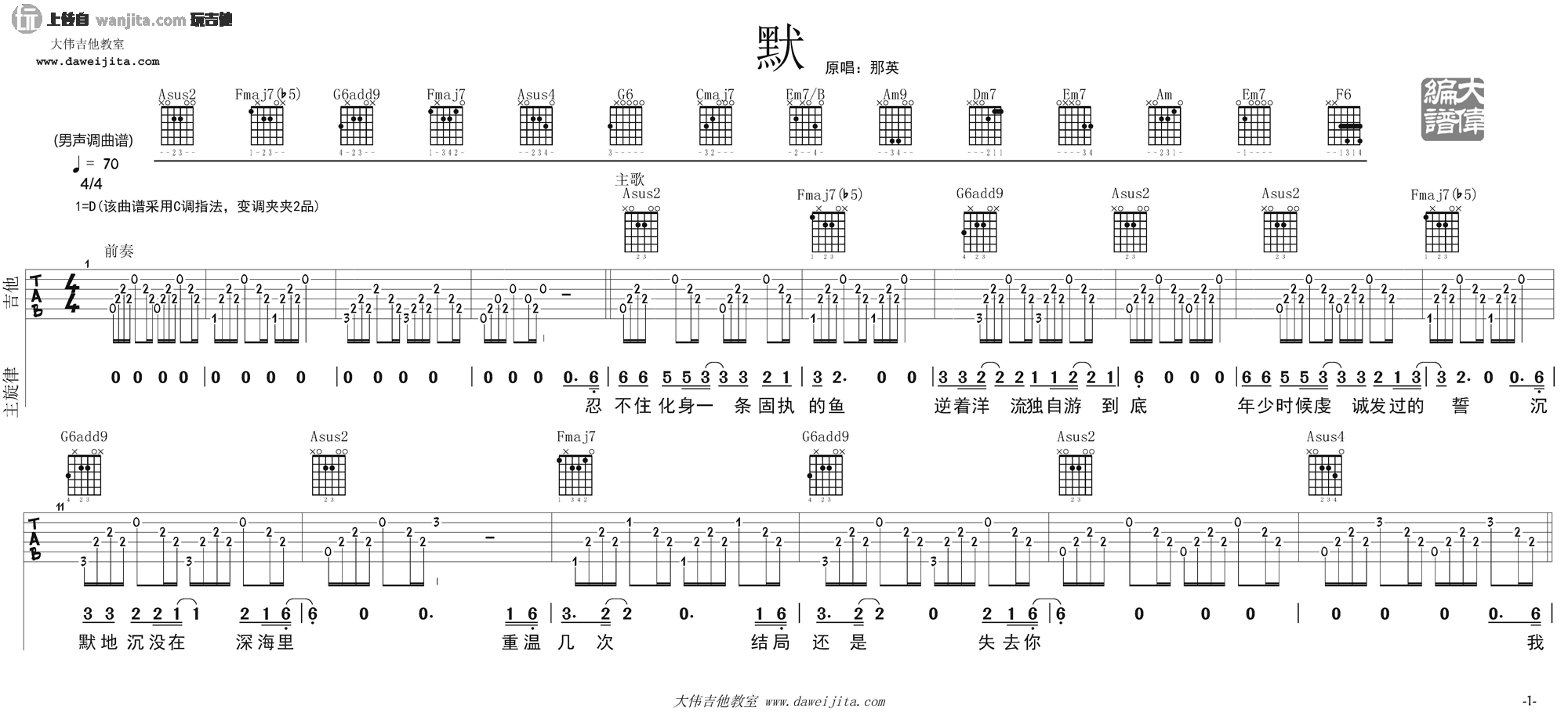 默吉他谱_那英_《默》C调原版吉他六线谱 默吉他谱_那英__默_C调原版吉他六线谱