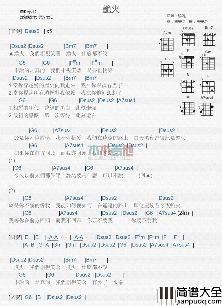 艳火吉他谱_D调和弦谱_木木吉他编配_张悬