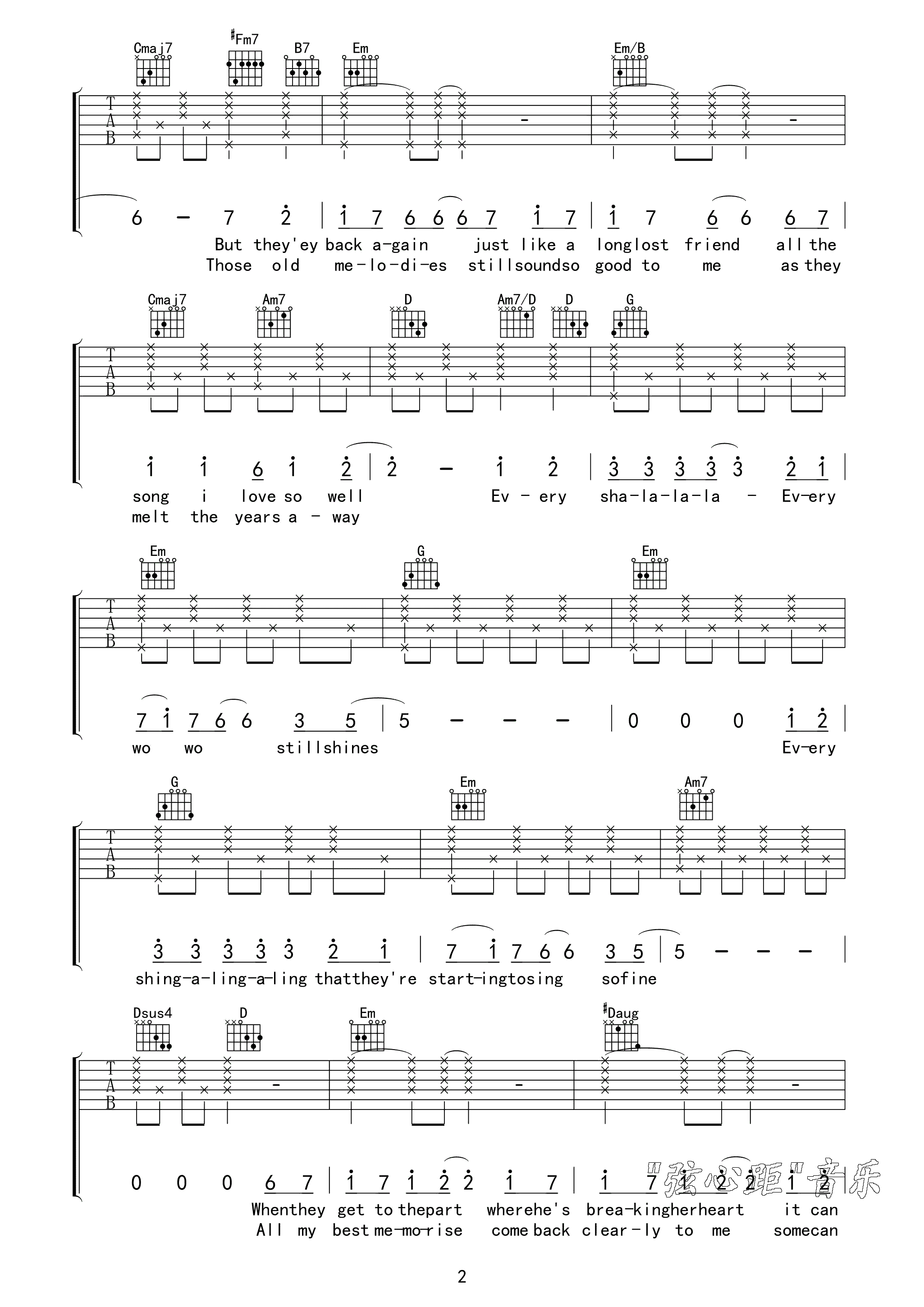 Yesterday_Once_More吉他谱_G调高清版_弦心距编配_carpenters