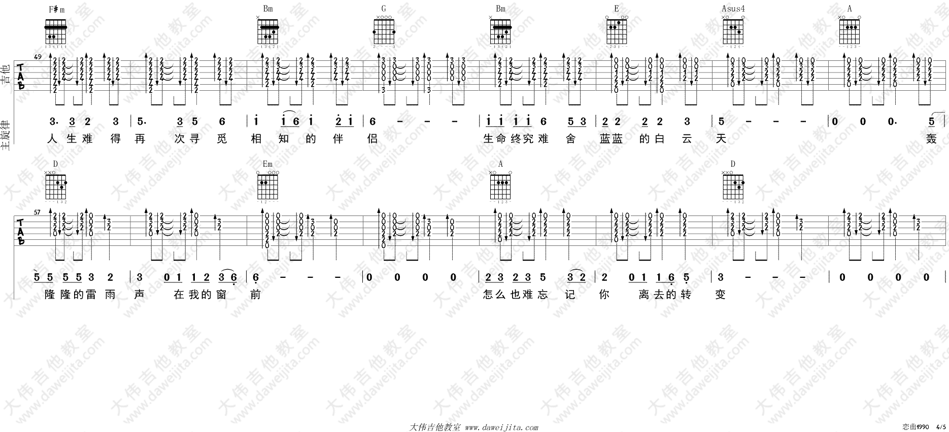 罗大佑_恋曲1990_吉他谱_D调指法吉他弹唱谱