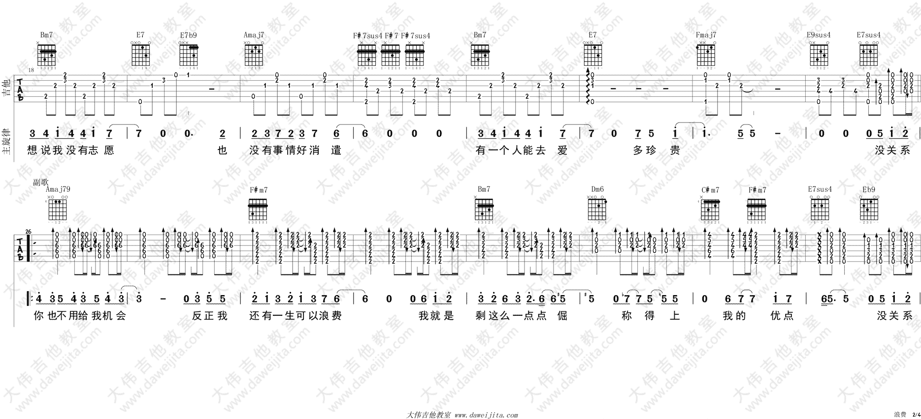 浪费(吉他谱)_林宥嘉_A调六线谱大伟吉他版_《浪费》吉他弹唱谱 浪费(吉他谱)_林宥嘉_A调六线谱大伟吉他版__浪费_吉他弹唱谱