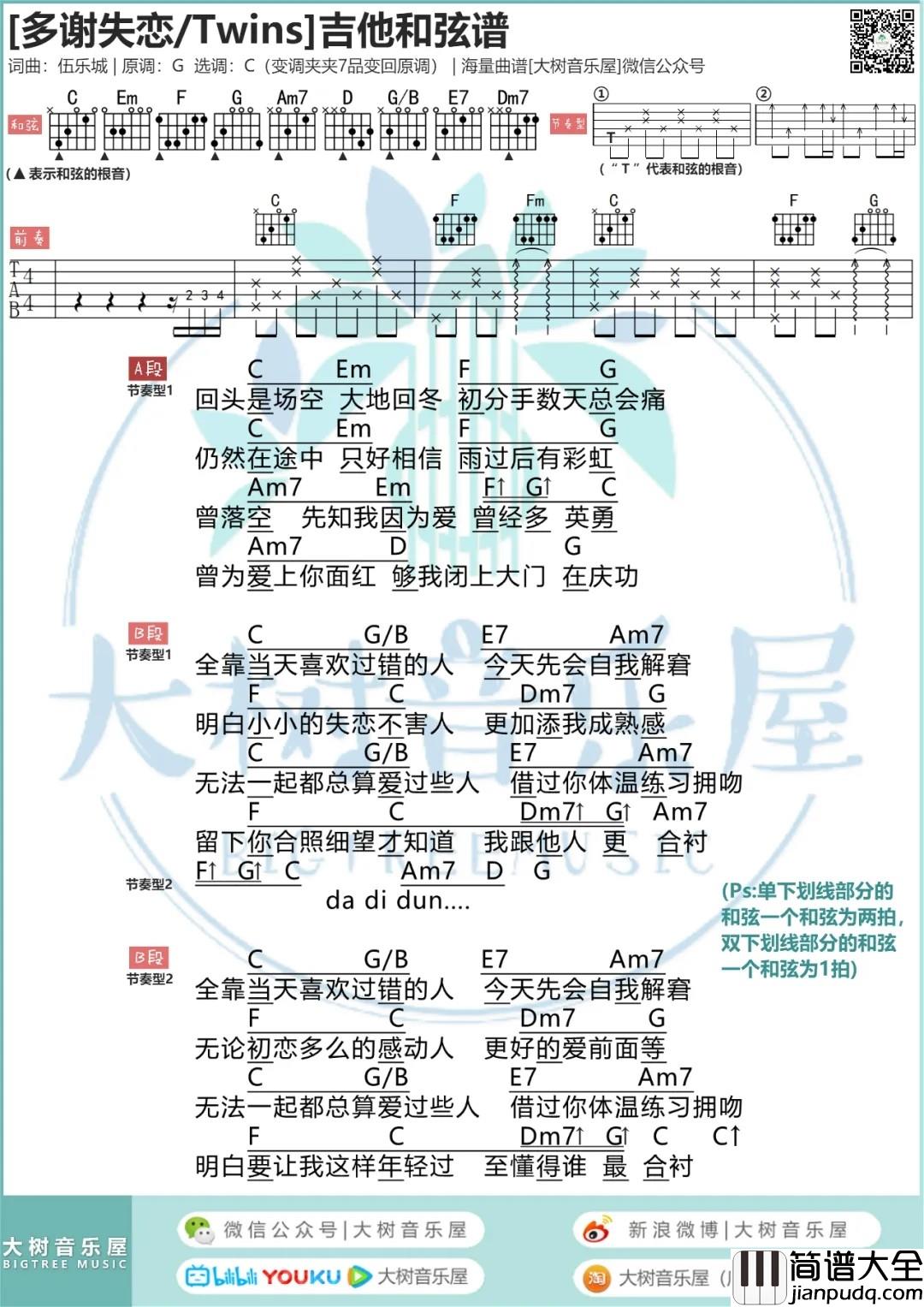 多谢失恋吉他谱_C调和弦谱_大树音乐屋编配_Twins