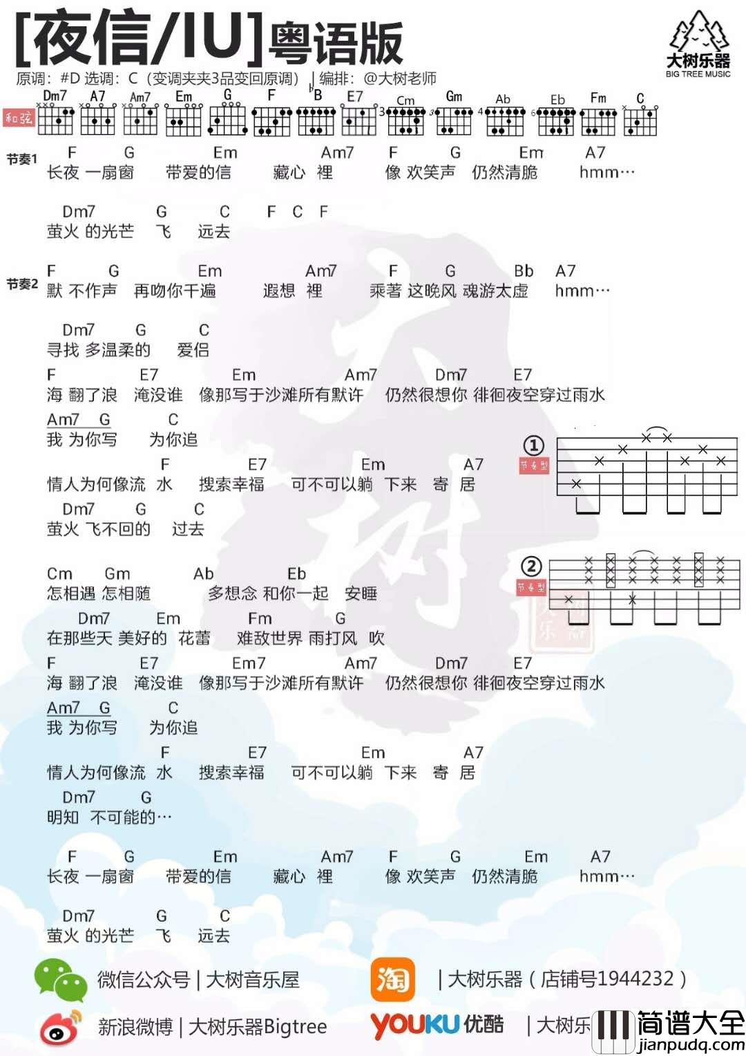 夜信吉他谱_C调和弦谱_大树音乐屋编配_IU