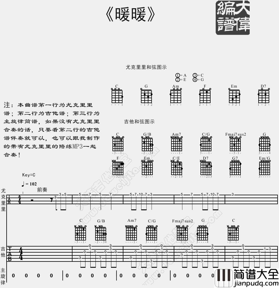 暖暖(吉他谱)_梁静茹_《暖暖》六线谱/尤克里里谱_吉他弹唱教学示范 暖暖(吉他谱)_梁静茹__暖暖_六线谱/尤克里里谱_吉他弹唱教学示范