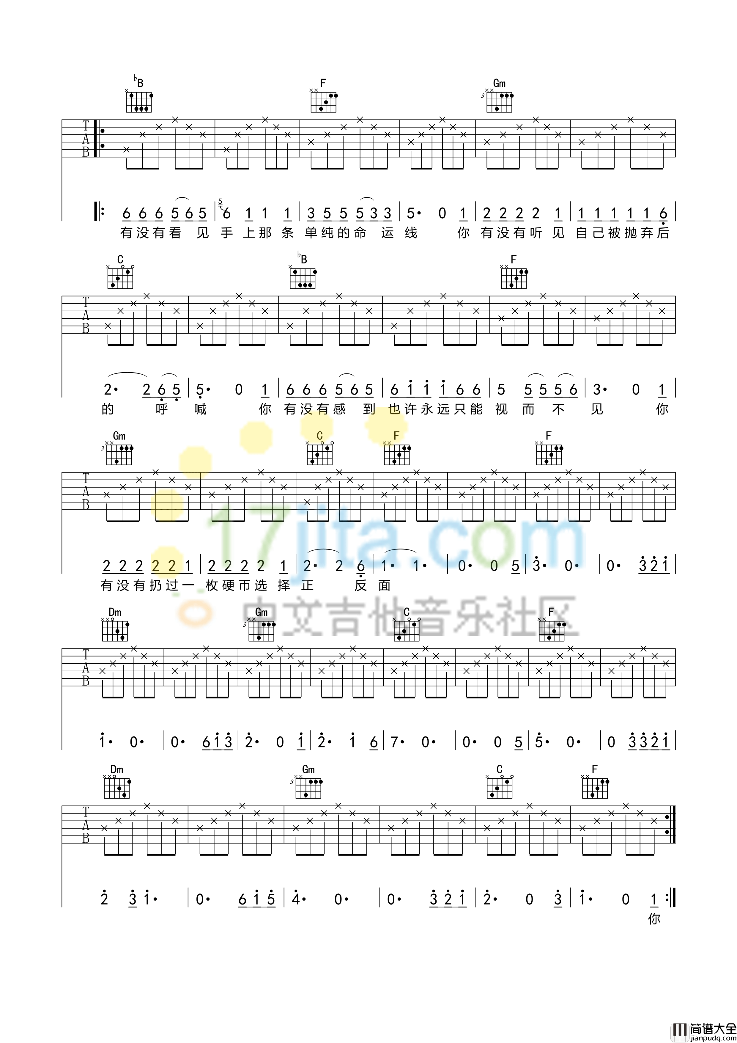 硬币吉他谱_F调简单版_中文吉他音乐社区编配_汪峰