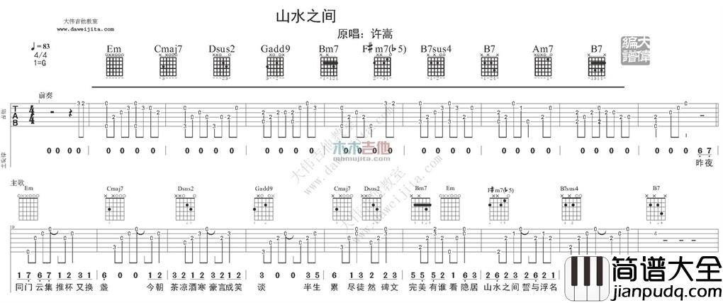 山水之间吉他谱_许嵩_G调原版六线谱_吉他弹唱谱 山水之间吉他谱_许嵩_G调原版六线谱_吉他弹唱谱