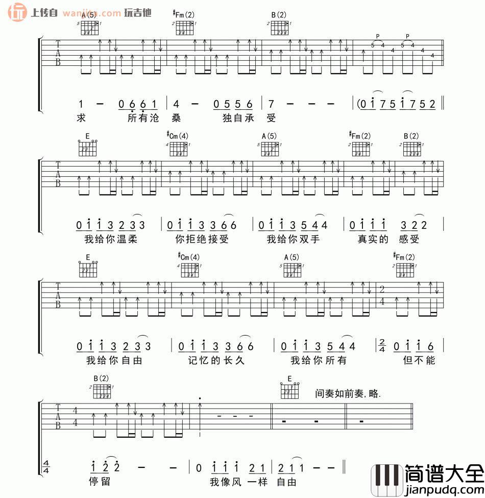 像风一样自由吉他谱_许巍_E调扫弦版六线谱_吉他弹唱谱 像风一样自由吉他谱_许巍_E调扫弦版六线谱_吉他弹唱谱