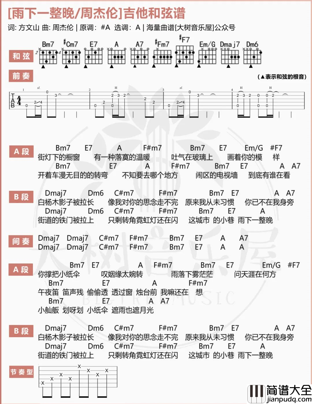 雨下一整晚_吉他谱_周杰伦_A调原版六线谱_吉他弹唱演示教学