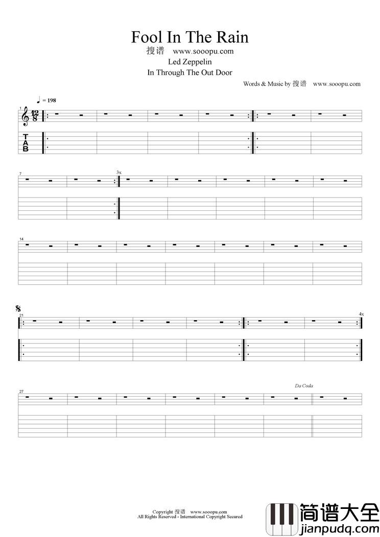 Fool_In_The_Rain指弹谱_原调六线谱_简单版_Led_Zeppelin