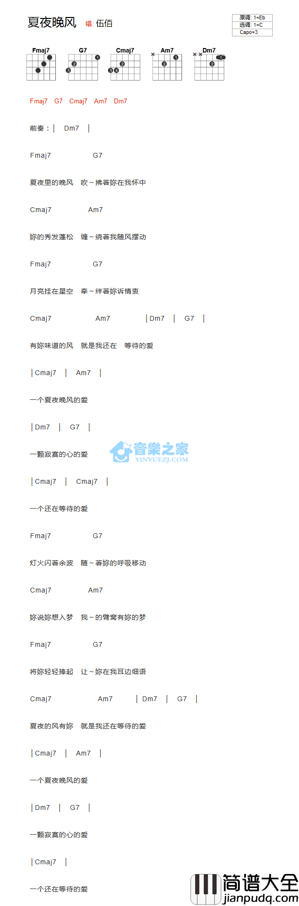 夏夜晚风吉他谱_C调和弦谱_音乐之家编配_伍佰