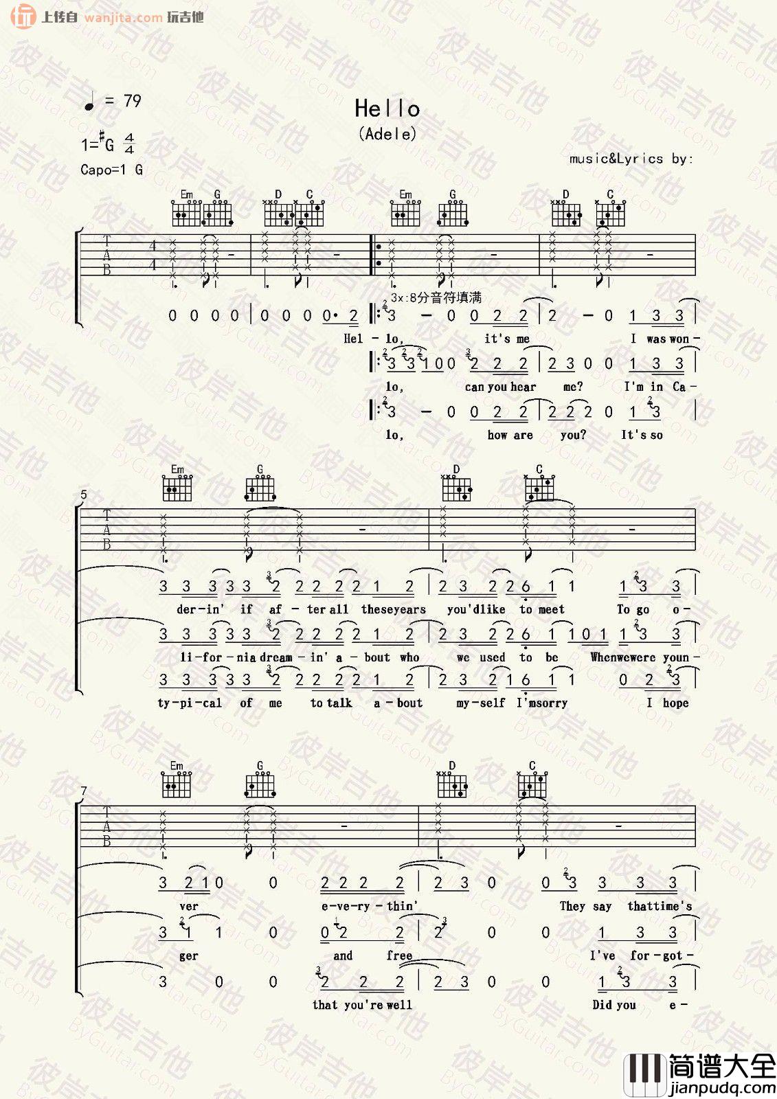 Hello(吉他谱)_Adele_G调弹唱六线谱_《Hello》吉他教学视频 Hello(吉他谱)_Adele_G调弹唱六线谱__Hello_吉他教学视频
