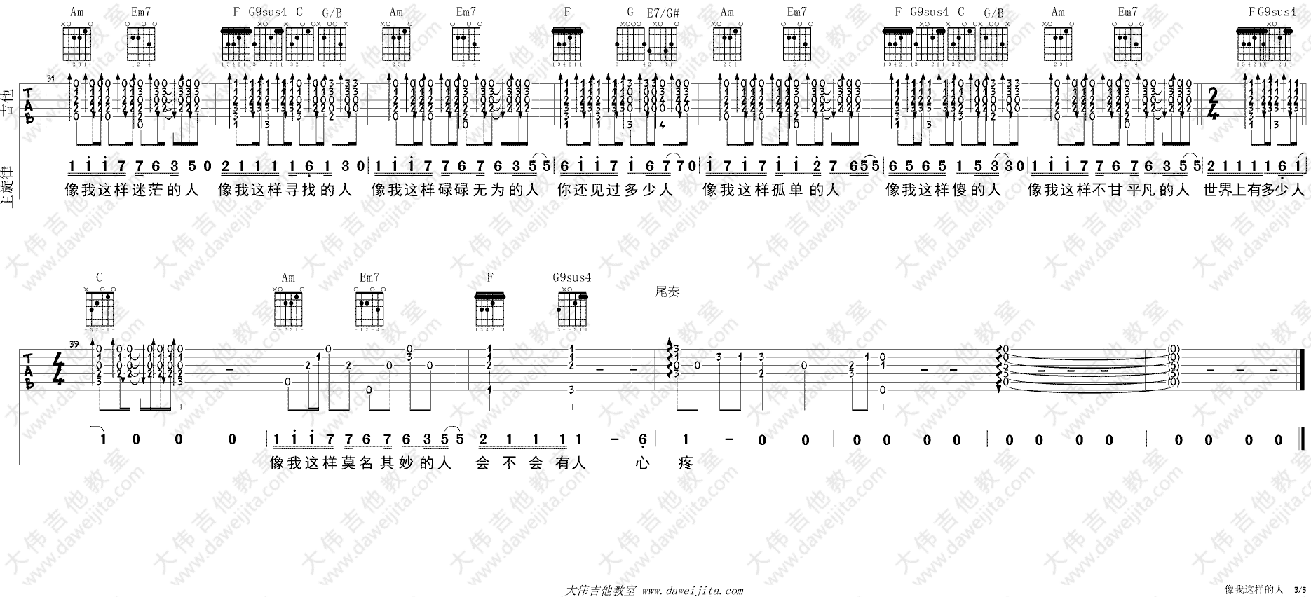 像我这样的人吉他谱_C调简单版_大伟吉他教室编配_毛不易