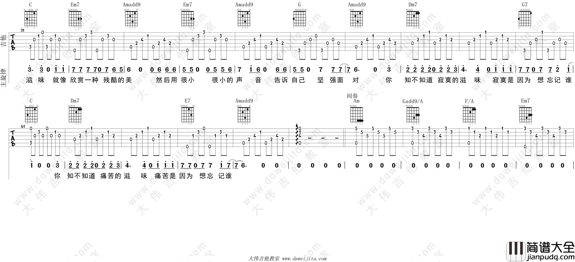 寂寞是因为思念谁吉他谱_C调精选版_大伟吉他教室编配_张磊